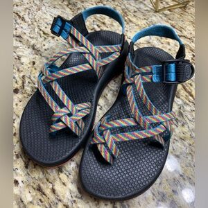 Blue and red Chaco sandals
